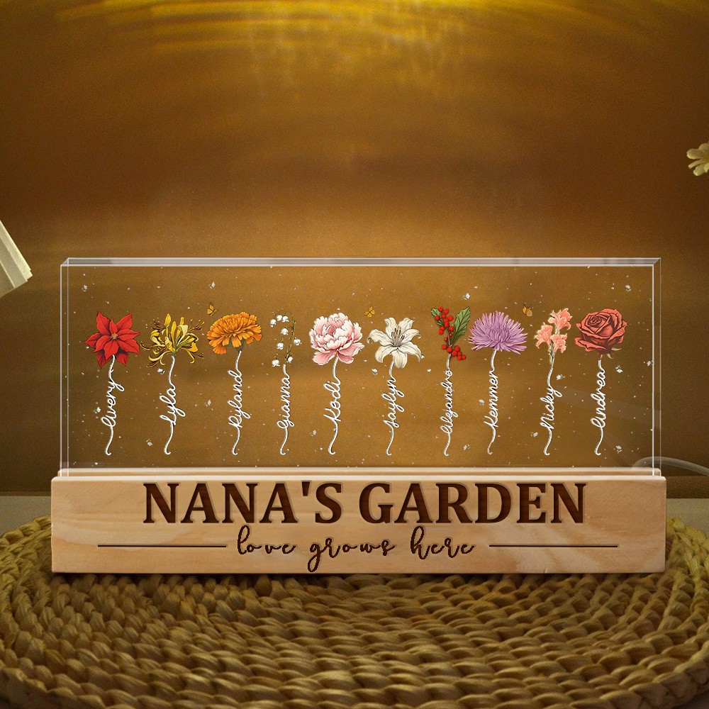 Personalised Love Grows Here Nana's Garden Birth Flower Wood Night Light Unique Gift For Mum Grandma Christmas Gifts
