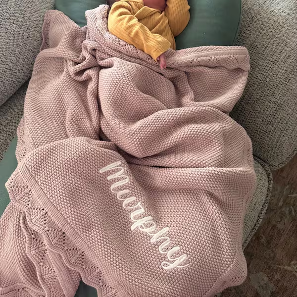 Custom Embroidered Baby Name Blanket Knit Newborn Blanket Keepsake Gift for Baby Girl Christmas Gift