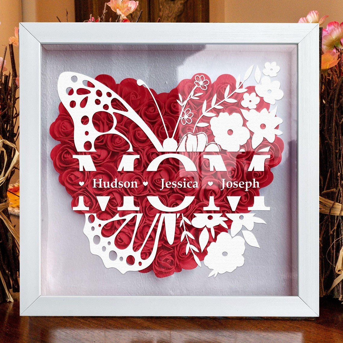 Personalised Butterfly Mum Flower Shadow Box with Kids Names Gift for Mum Grandma Mother's Day Gift Ideas