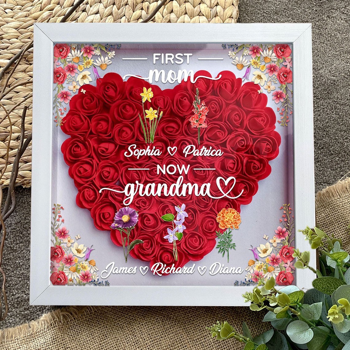 First Mum Now Grandma Flower Shadow Box with Birth Month Flower Custom Gift for Mum Grandma Mother's Day Gifts