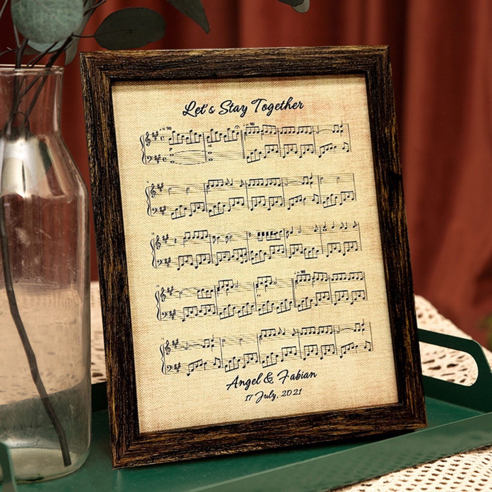 Custom Couples Wooden Sheet Music Frame Song Notes on Cotton Sheet Unique Gifts for Him 2nd Wedding Anniversary