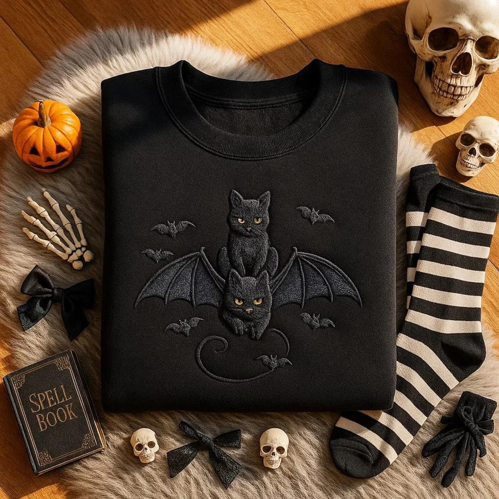 Halloween Embroidered Black Cat Bat Sweatshirt Unique Halloween Gift Ideas
