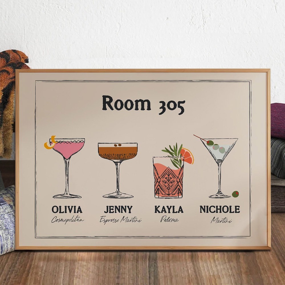 Personalised Roommates Drinks Art Print Frame with Names College Apartment Dorm Art Unique Gifts for Friends