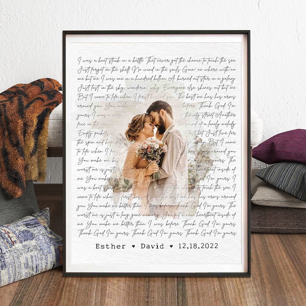 Personalised Wedding Song Lyrics Print Frame with Photo for Couple Anniversary Gift for Her Him