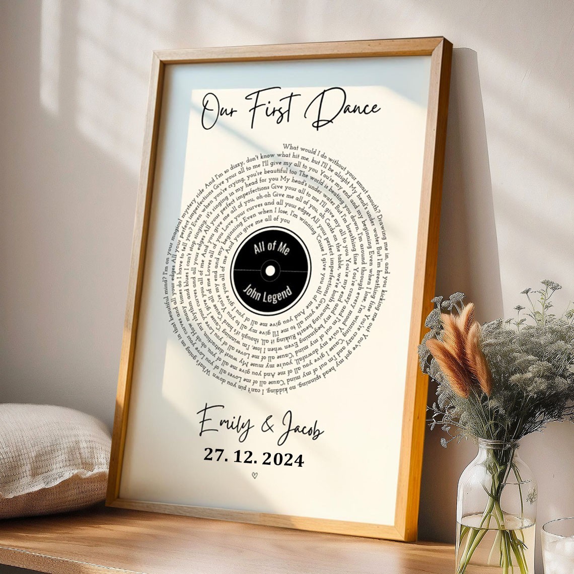 Our First Dance Song Lyrics Personalised Vinyl Lyric Print Frame Gift for Couple Wedding Anniversary Gifts