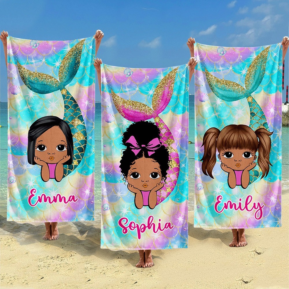 Personalised Mermaid Beach Towel with Name for Kids Unique Summer Gifts for Girls