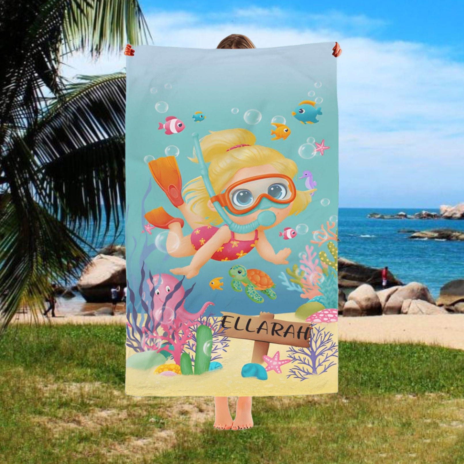 Personalised Cartoon Scuba Diver Beach Towel with Name for Kids Summer Vacation Gift for Boys Girls