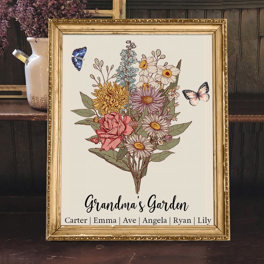 Personalised Grandma's Garden Birth Flower Bouquet Frame Sign with Grandkids Names Christmas Gift for Mum Grandma