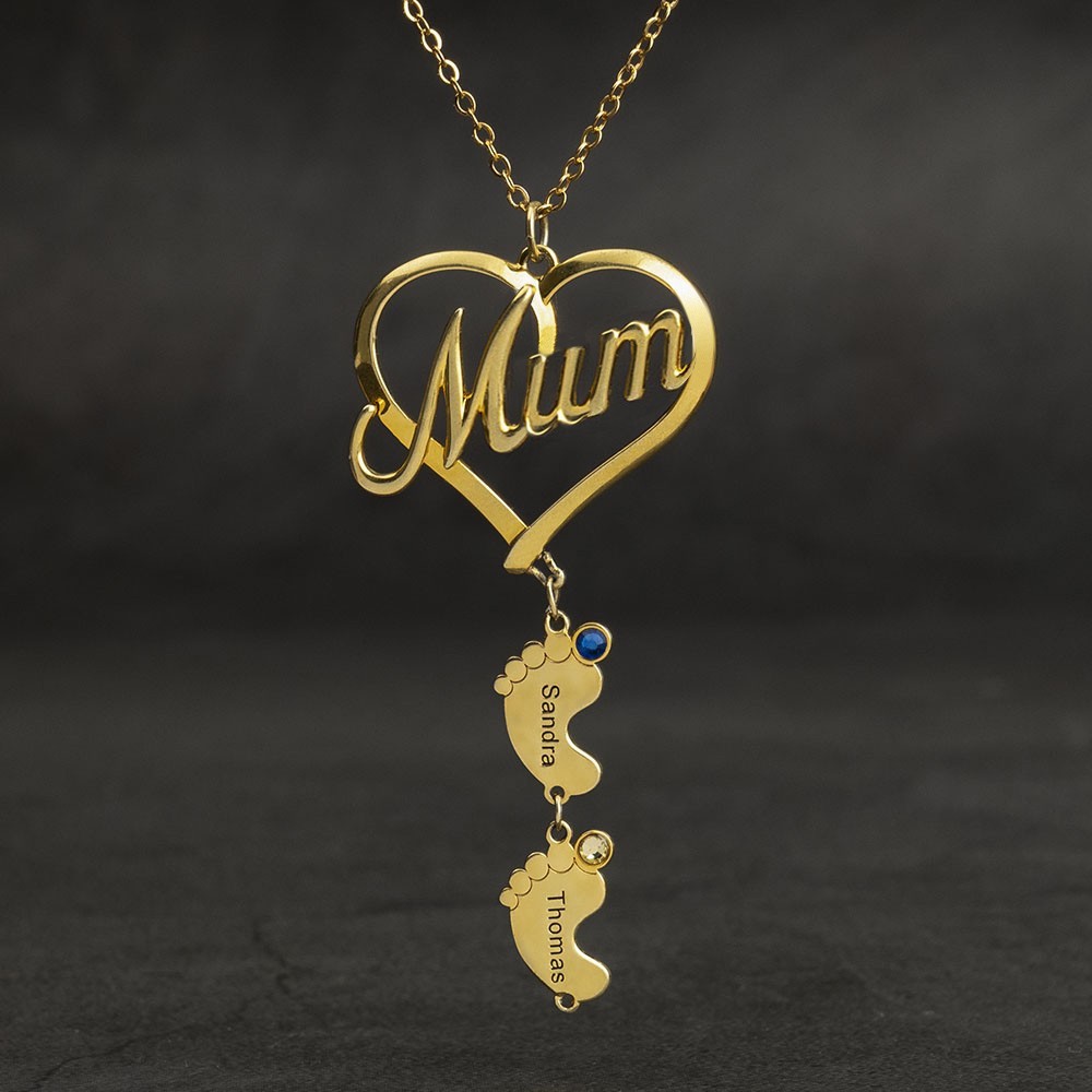 Personalised Mum Family Necklace 1-10 Names and Birthstones with Baby Feet Pendants Unique Gift For Mum Grandma Christmas Gift Ideas