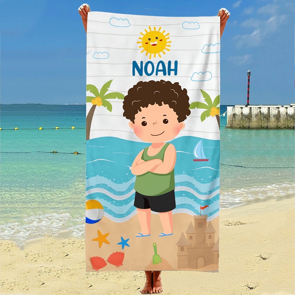 Personalised Cartoon Character Beach Towel with Name for Kids Summer Vacation Gift for Boys Girls