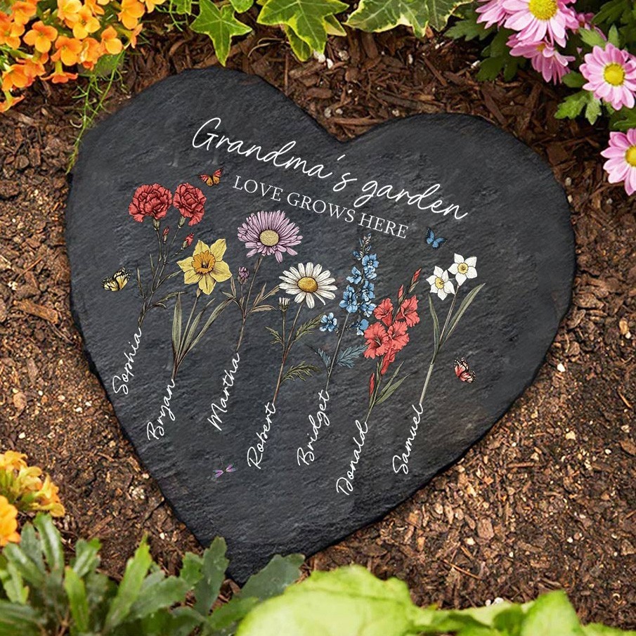 Custom Grandma's Garden Heart Shaped Birth Flower Plaque with Kids Names Keepsake Gifts for Grandma Mum Mother's Day Gift