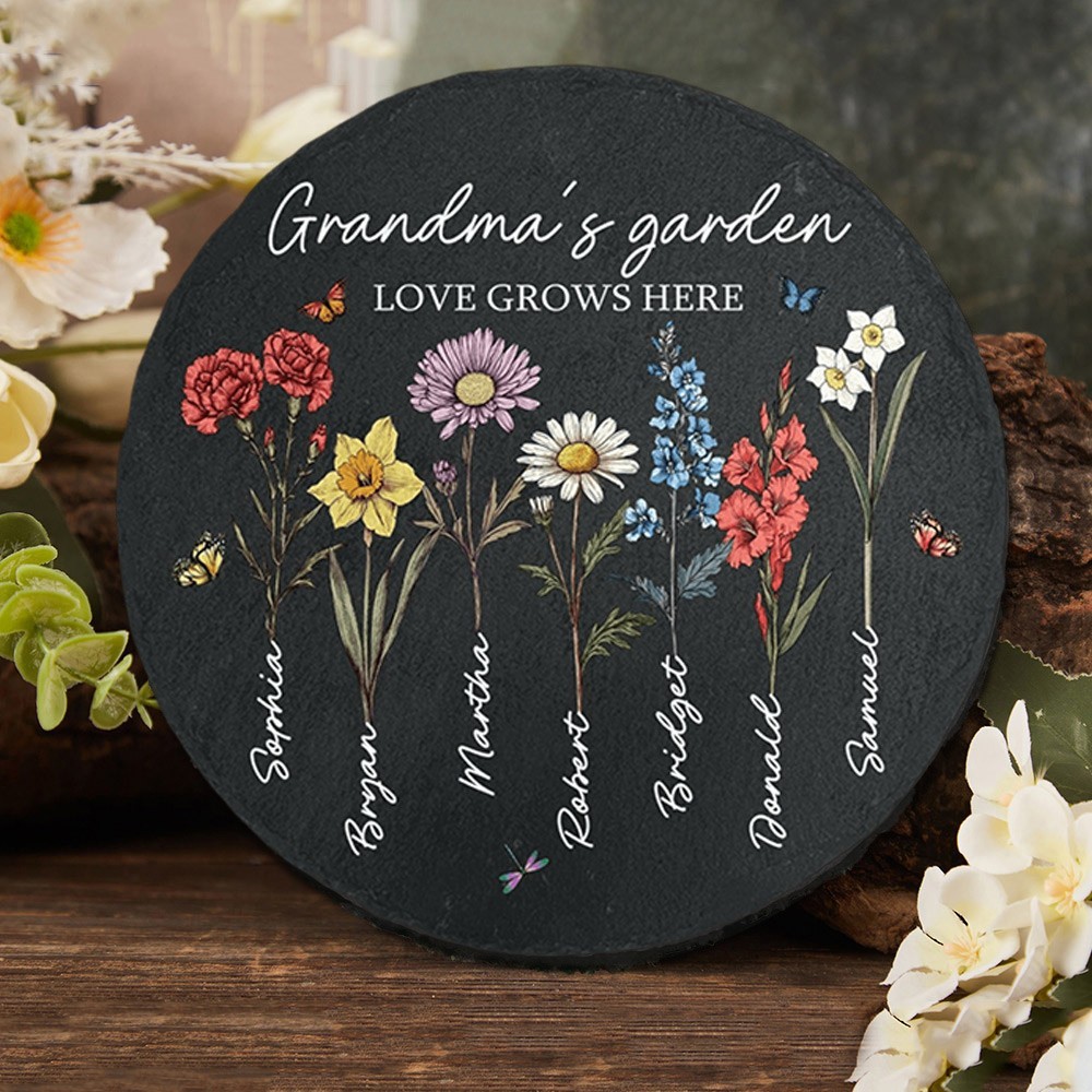Personalised Grandma's Garden Love Grows Here Birth Flower Plaque with Kids Names Gifts for Grandma Mum Mother's Day Gift