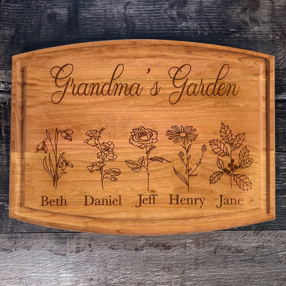 Personalised Grandma's Garden Birth Flower Cutting Board with Kids Names GIfts for Grandma Mum Christmas Gift