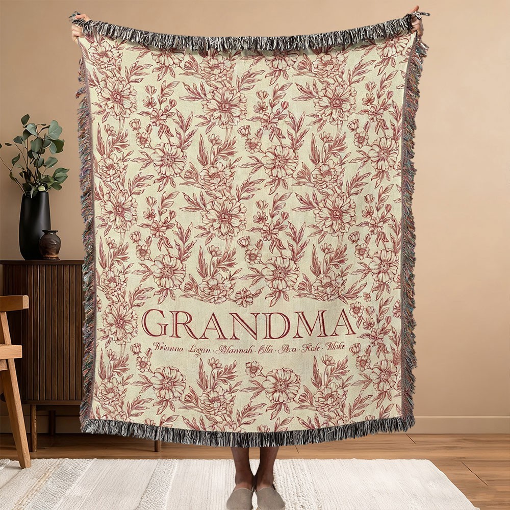 Personalised Grandma Floral Blanket with Grandkids Names Gifts for Grandma Mum Christmas Gift