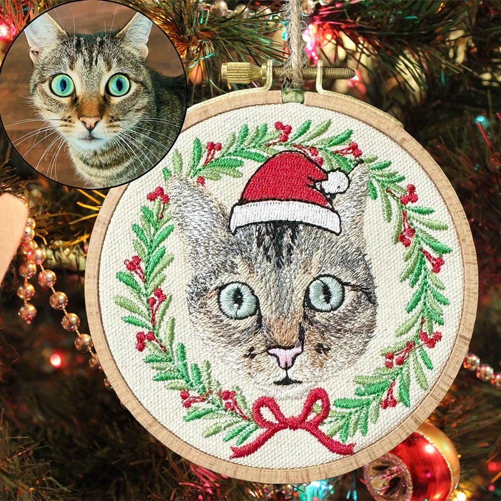 Custom Embroidered Cat Portrait Photo Ornament Gifts for Cat Lovers Pet Memorial Gift Christmas Gift for Pet Lovers