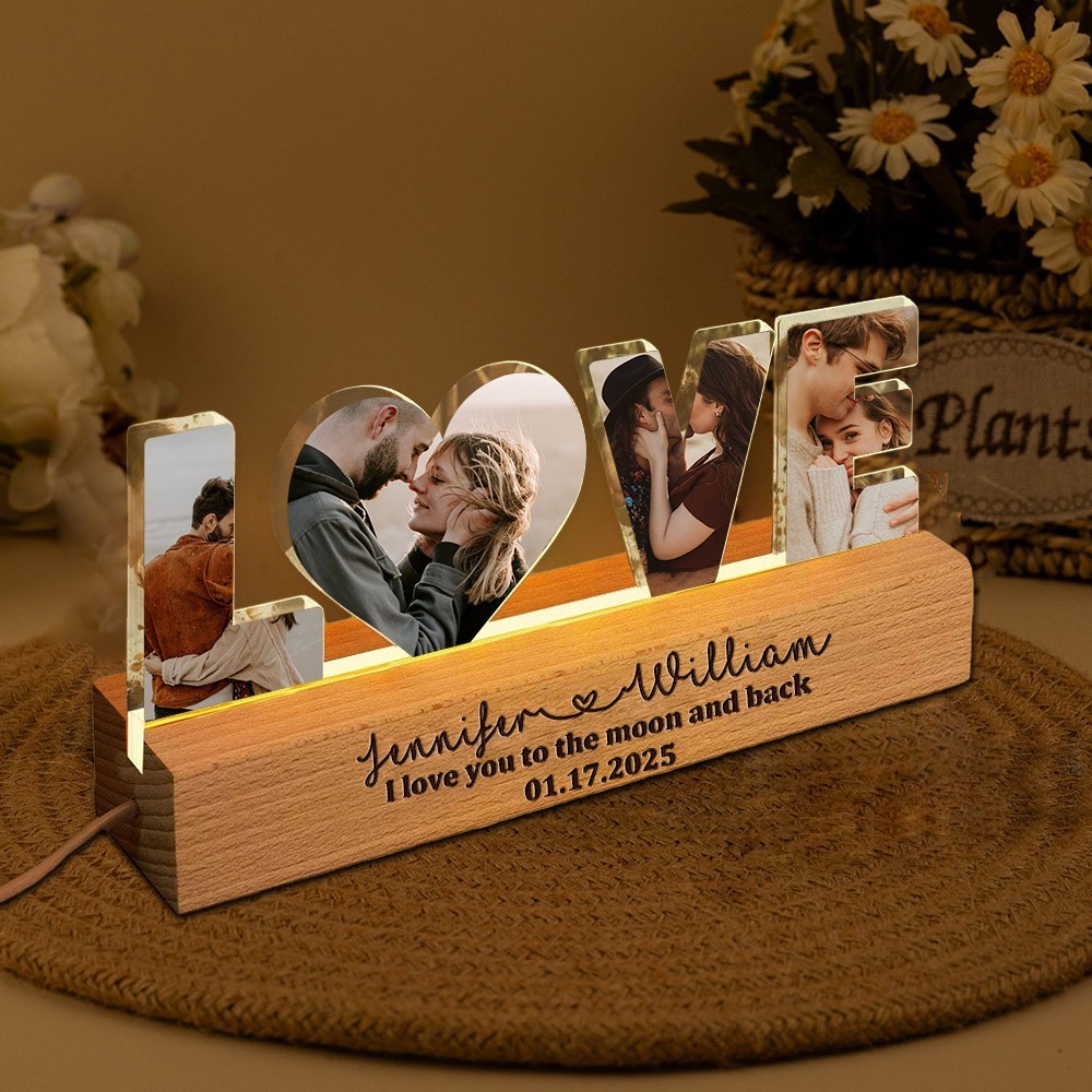 I Love You To The Moon and Back Custom Couple Photo Collage Night Light Gifts for Anniversary Birthday Valentine's Day