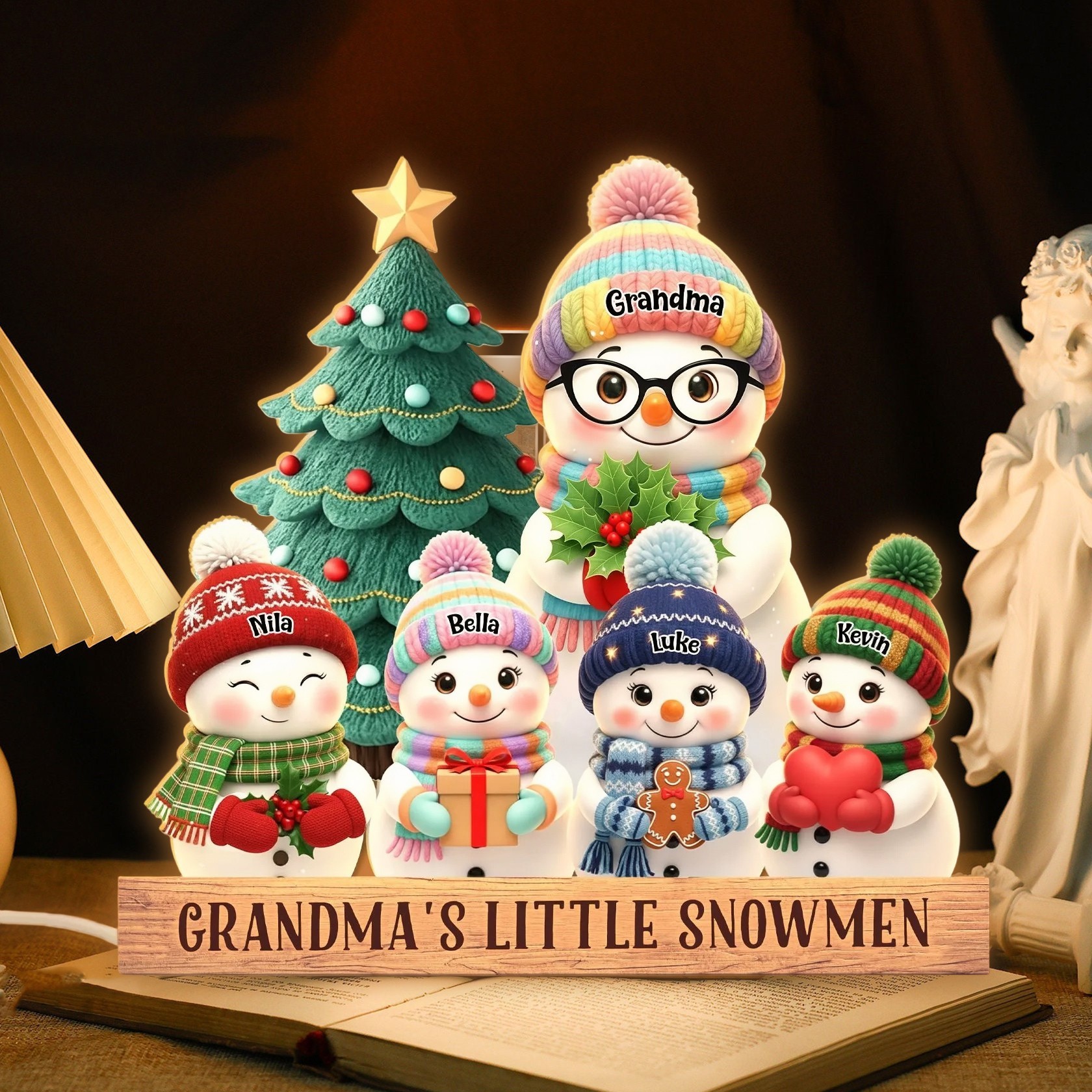 Personalised Snowman Wood Night Light with Kids Names for Grandma Gift For Grandparents Family Christmas Gift