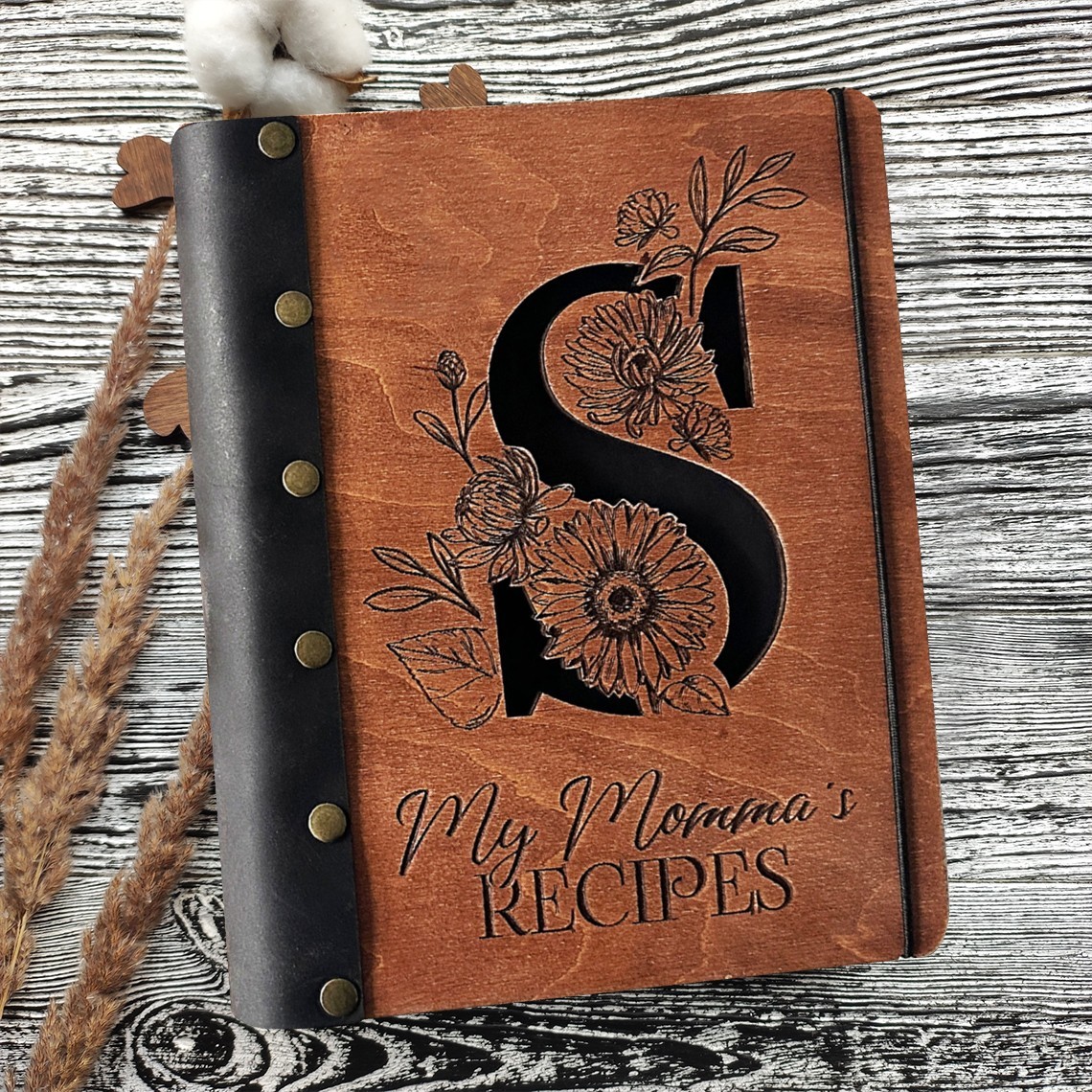 Personalised Leather Bound Recipe Book Blank Binder Wooden Cover Notebook for Mum Grandma Christmas Gifts