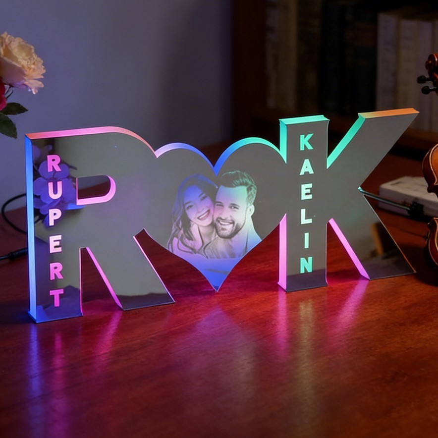 Personalised Led Mirror Night Light with Couple Photo and Initial Anniversary Gift for Wife Valentine's Day Gifts