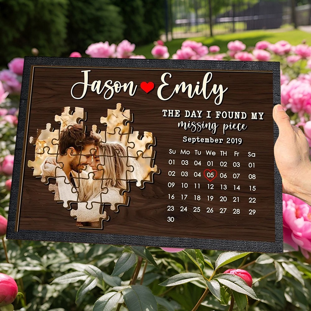 Personalised Couple Heart Puzzle Photo Calendar Wooden Frame Anniversary Gift for Wife Valentine's Day Gifts