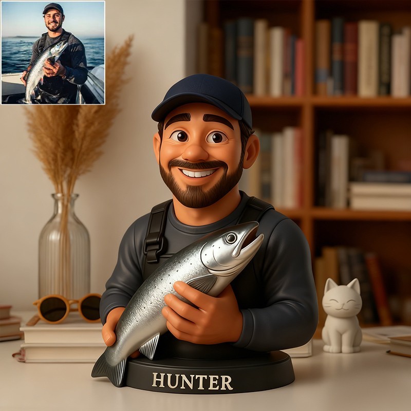 Custom 2D Fishing Photo Portrait Cartoon Style Figurine for Him Unique Desk Decor Gifts for Fisherman