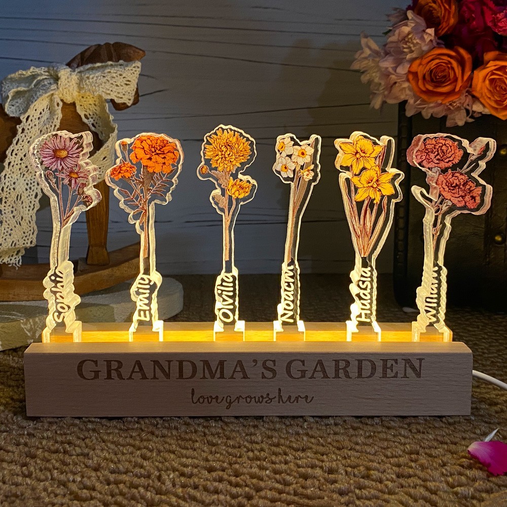 Personalised Grandma's Garden Love Grows Here Wooden Birth Flower Night Light Unique Family Gifts for Mum Grandma Mother's Day Gift