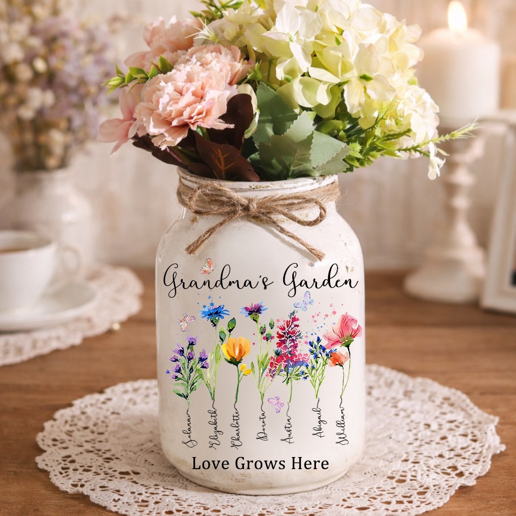 Personalised Grandma's Garden Birth Month Flower Vase for Mother's Day Gift Farmhouse Style Vase Gift for Grandma Mum