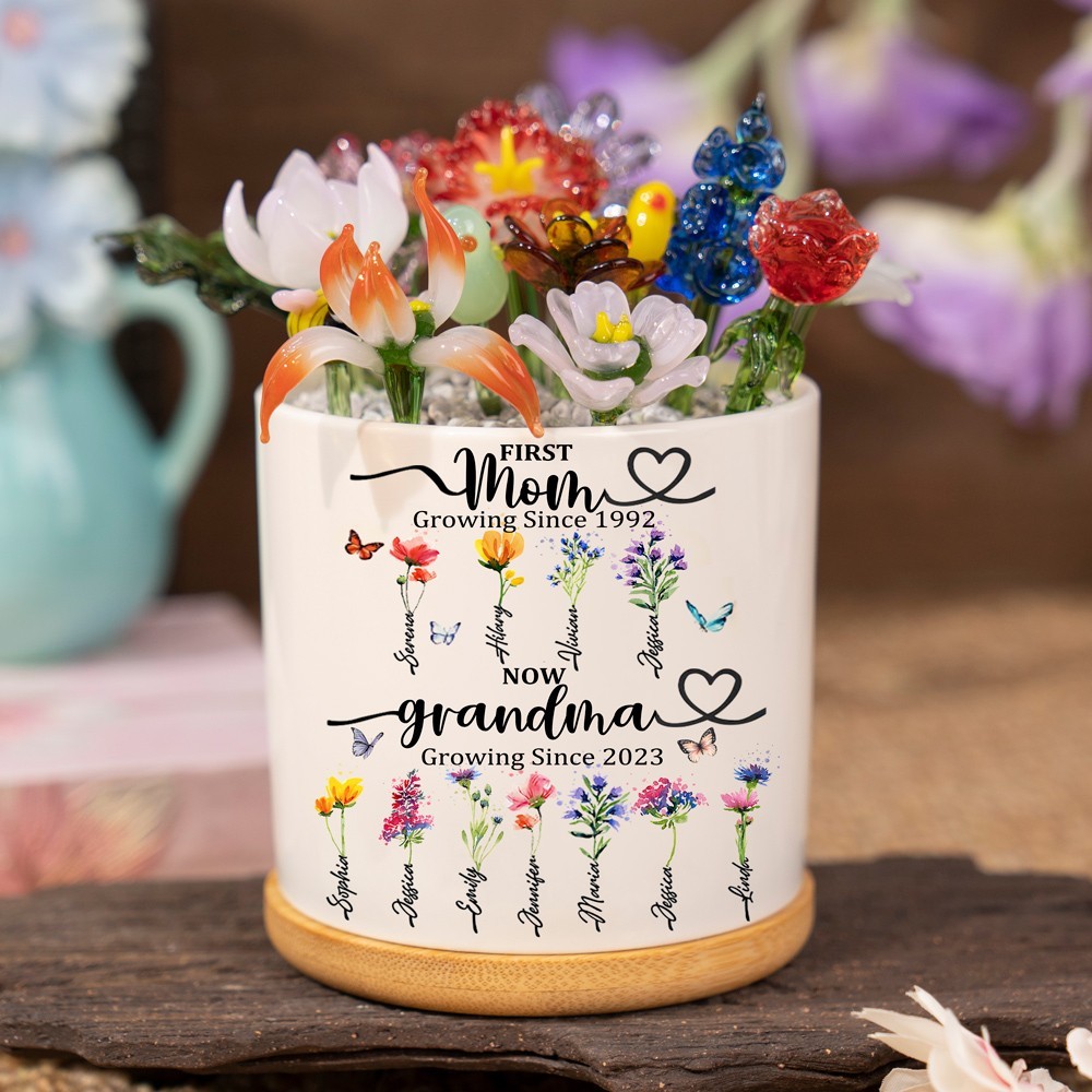 First Mum Now Grandma Custom Glass Birth Flower Pot With Kids Name For Mothers Day Gift Ideas