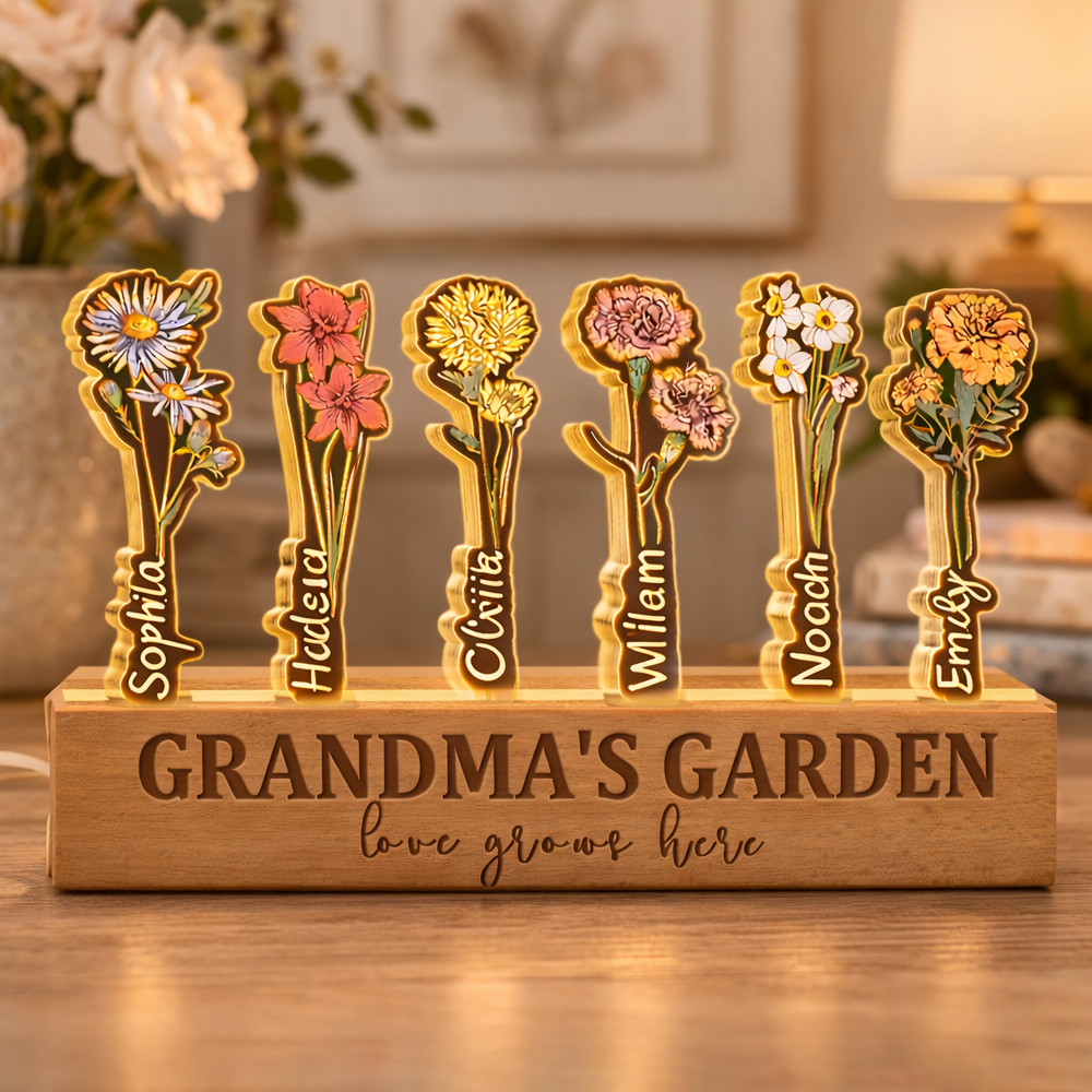 Personalised Grandma's Garden Birth Flower Night Light With Kids Names Unique Keepsake Gifts for Mum Grandma Mother's Day Gift Ideas
