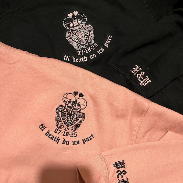 Personalised Till Death do Us Part Matching Skeleton Couple Hoodie Anniversary Gift for Him Valentine's Day Gifts