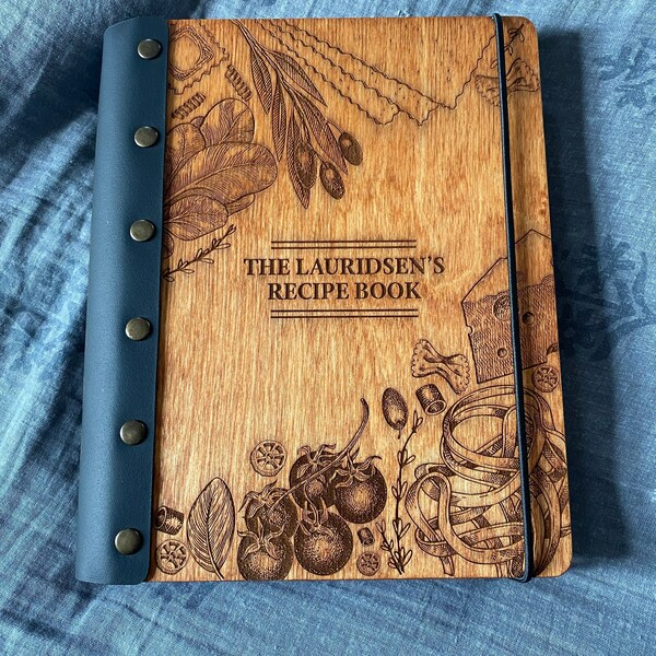 Personalised Leather Bound Journal Recipe Book Binder Custom Wooden Engraved Cookbook Christmas for Mum Family