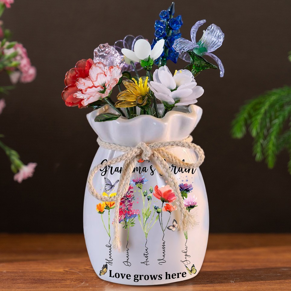 Grandma's Garden Birth Month Flower Vase with Grandkids Names Custom Gifts for Grandma Mum Mother's Day Gift Ideas