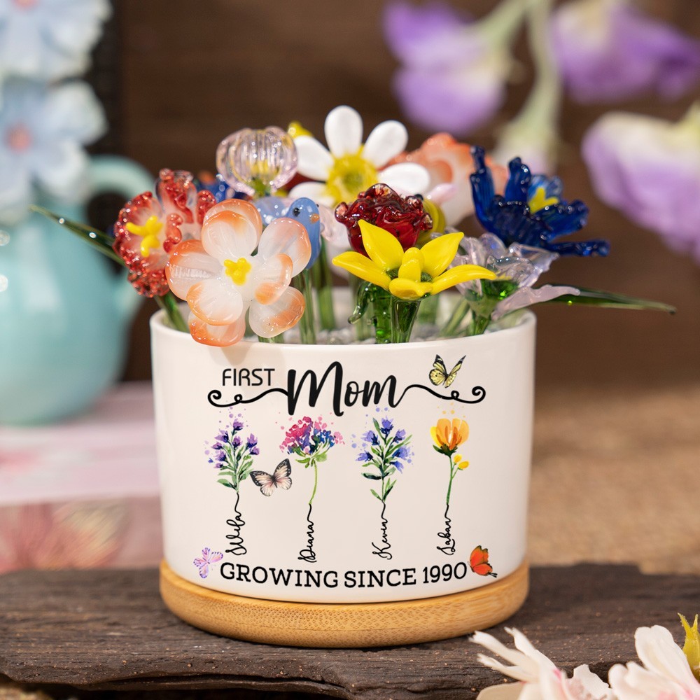 First Mum Now Grandma Custom Glass Birth Flower Pot With Kids Name For Mothers Day Gift Ideas