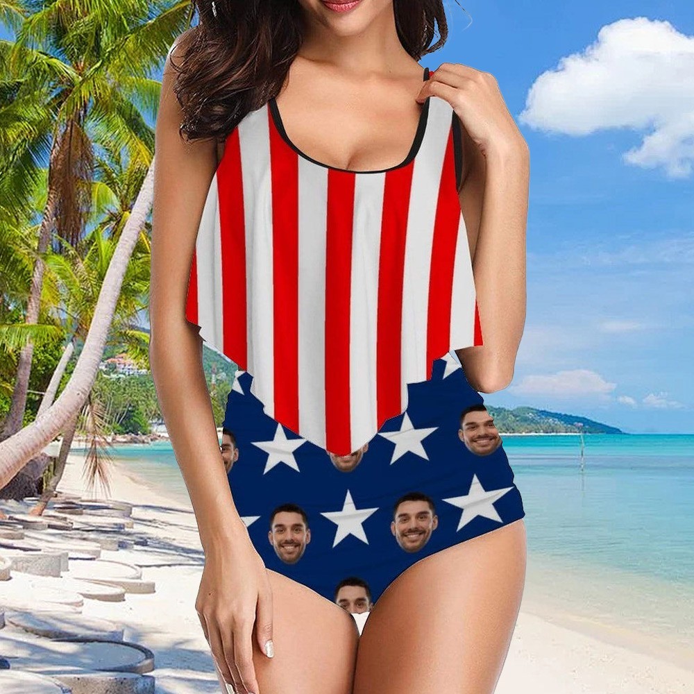Custom Face Pattern American Flag Ruffle Tankini Swimsuit Set Personalised Summer Beach Party Gift For Her