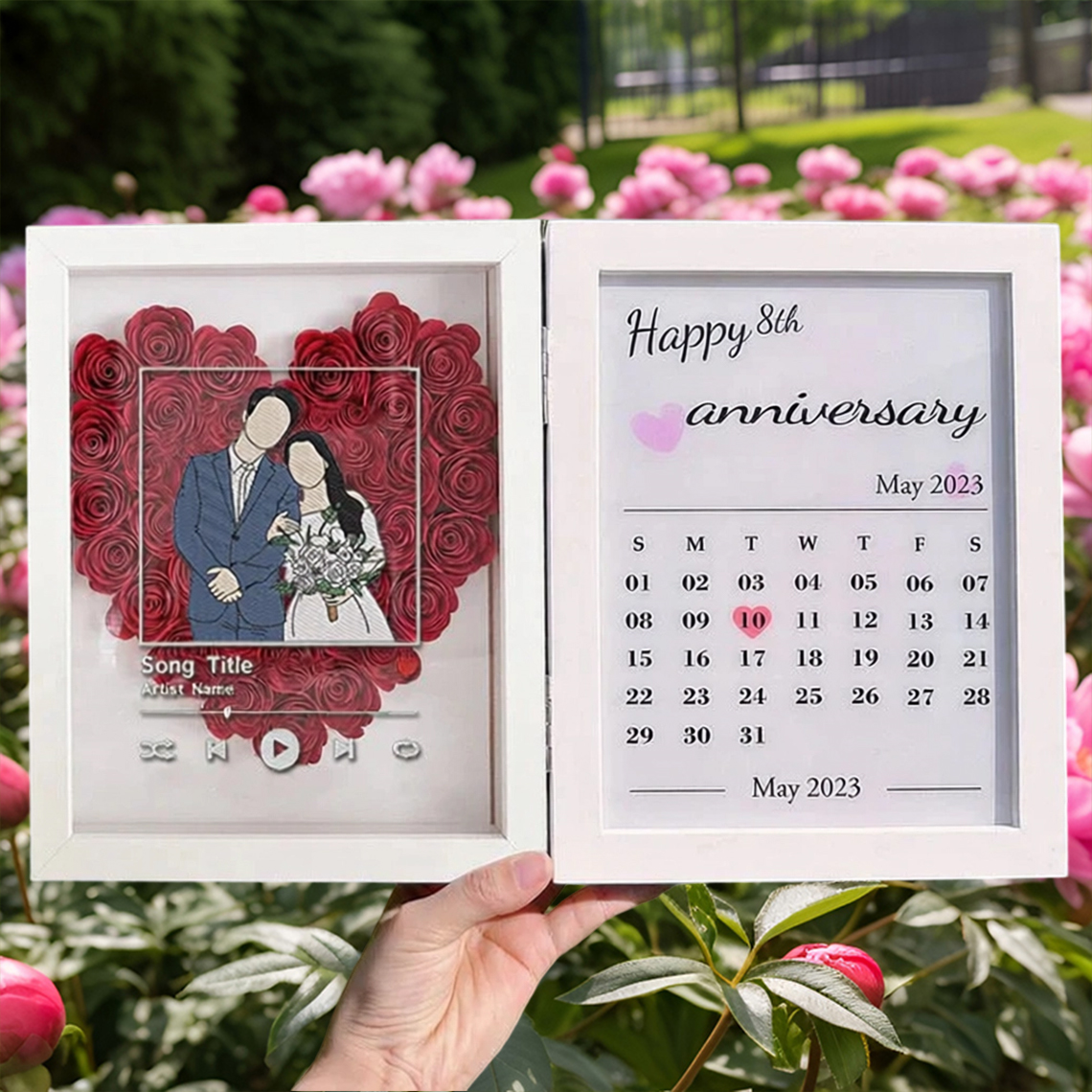 Personalised Couple Portrait Flower Shadow Box with Calendar Gift for Couples Unique 8th Anniversary Gifts