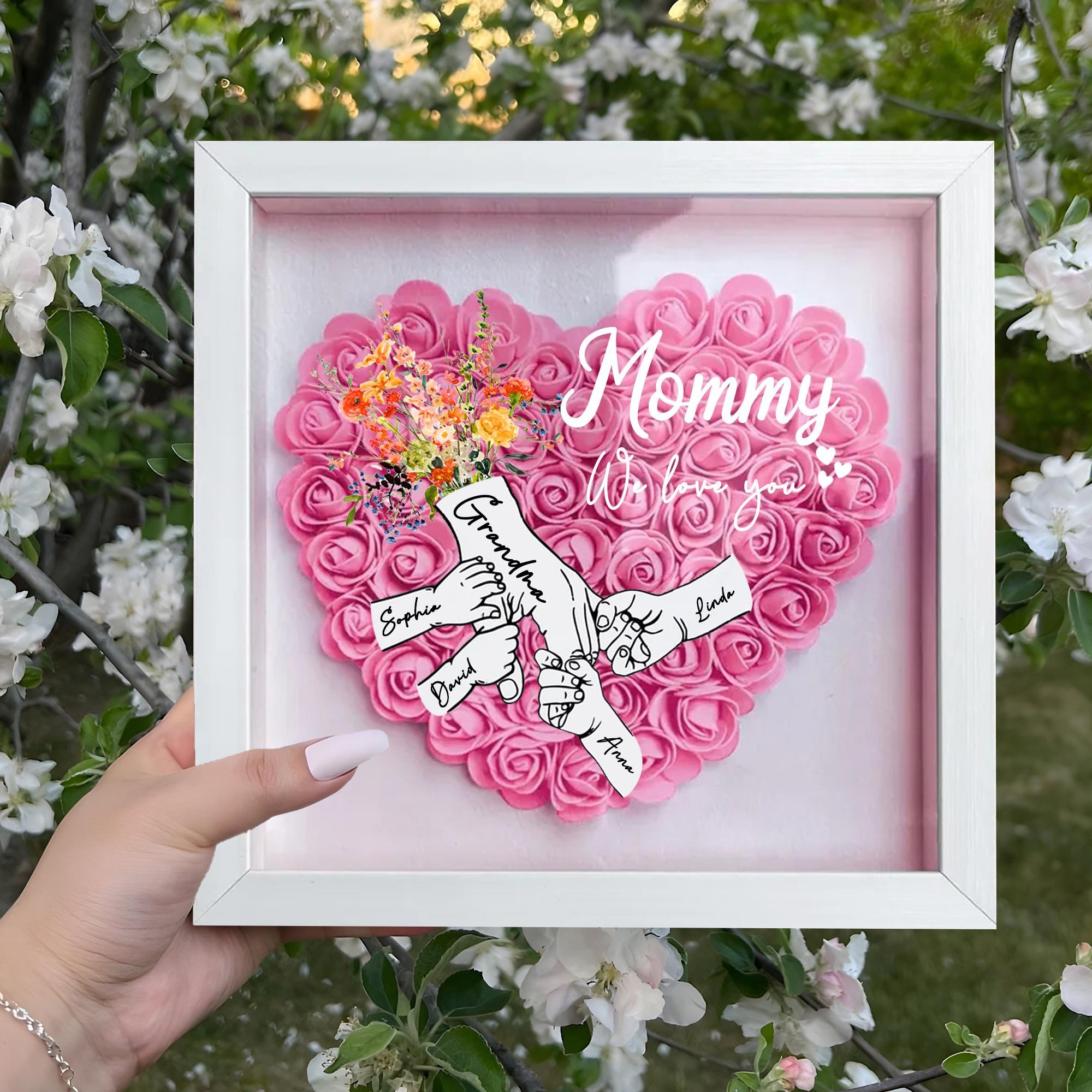 Mum We Love You Holding Hands Heart Flower Shadow Box with Kids Names Personalised Gifts for Mum Mother's Day Gift Ideas