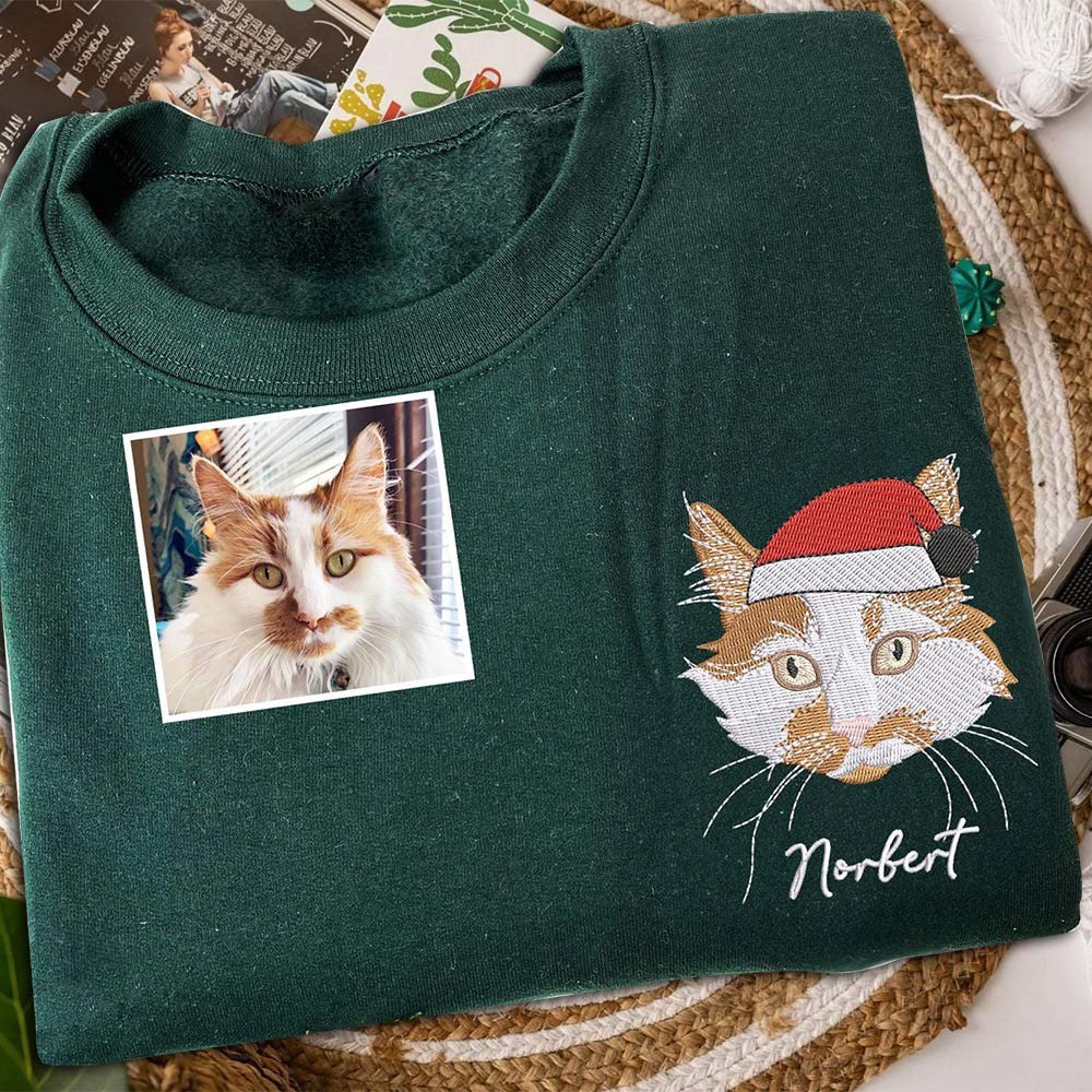 Custom Cat Christmas Embroidered Portrait Photo Sweatshirt for Cat Lovers Christmas Gifts for Pet Lover