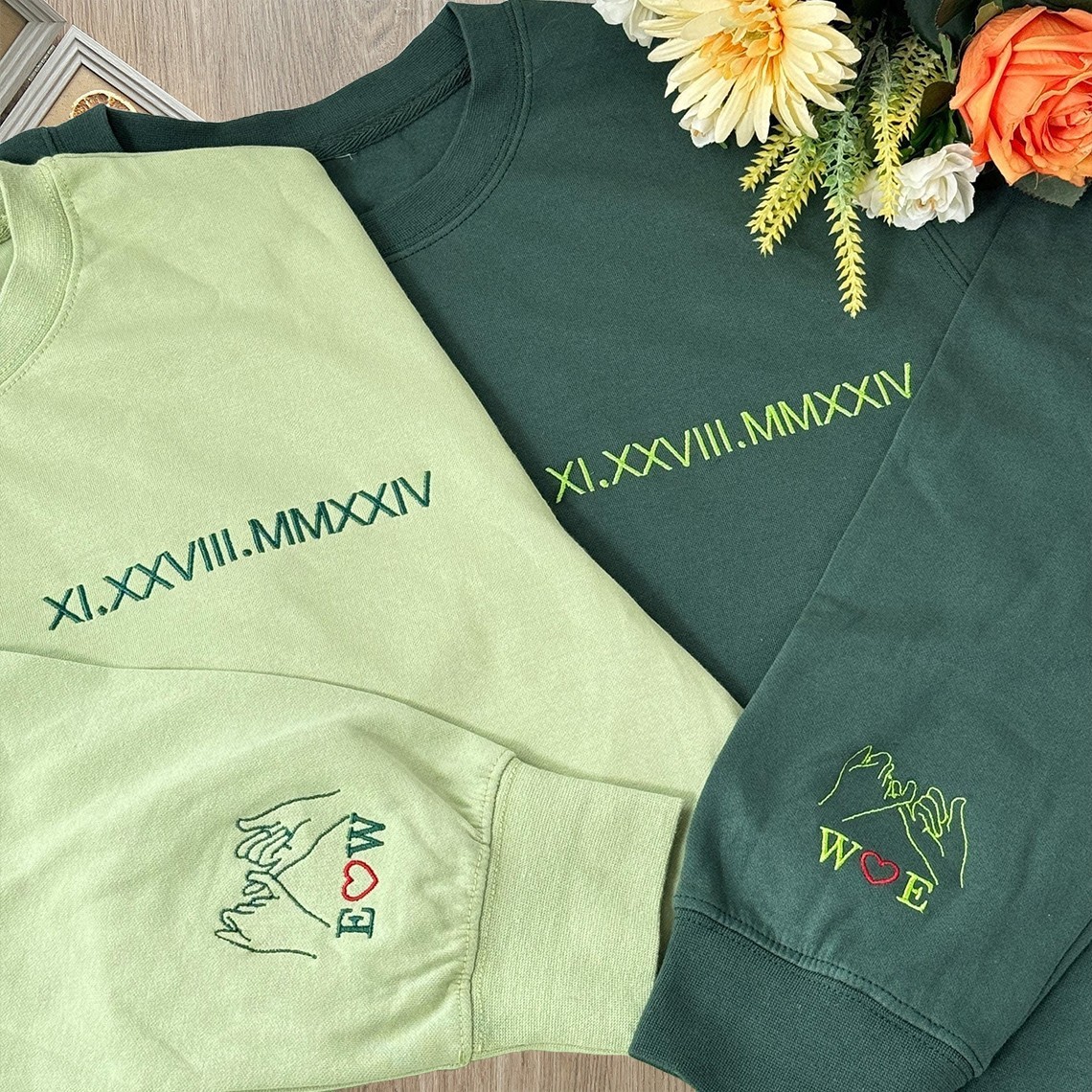 Custom Embroidered Roman Numeral Sweatshirt with Pinky Promise Initials on Sleeve Engagement Gifts Valentine's Day Gift for Couple