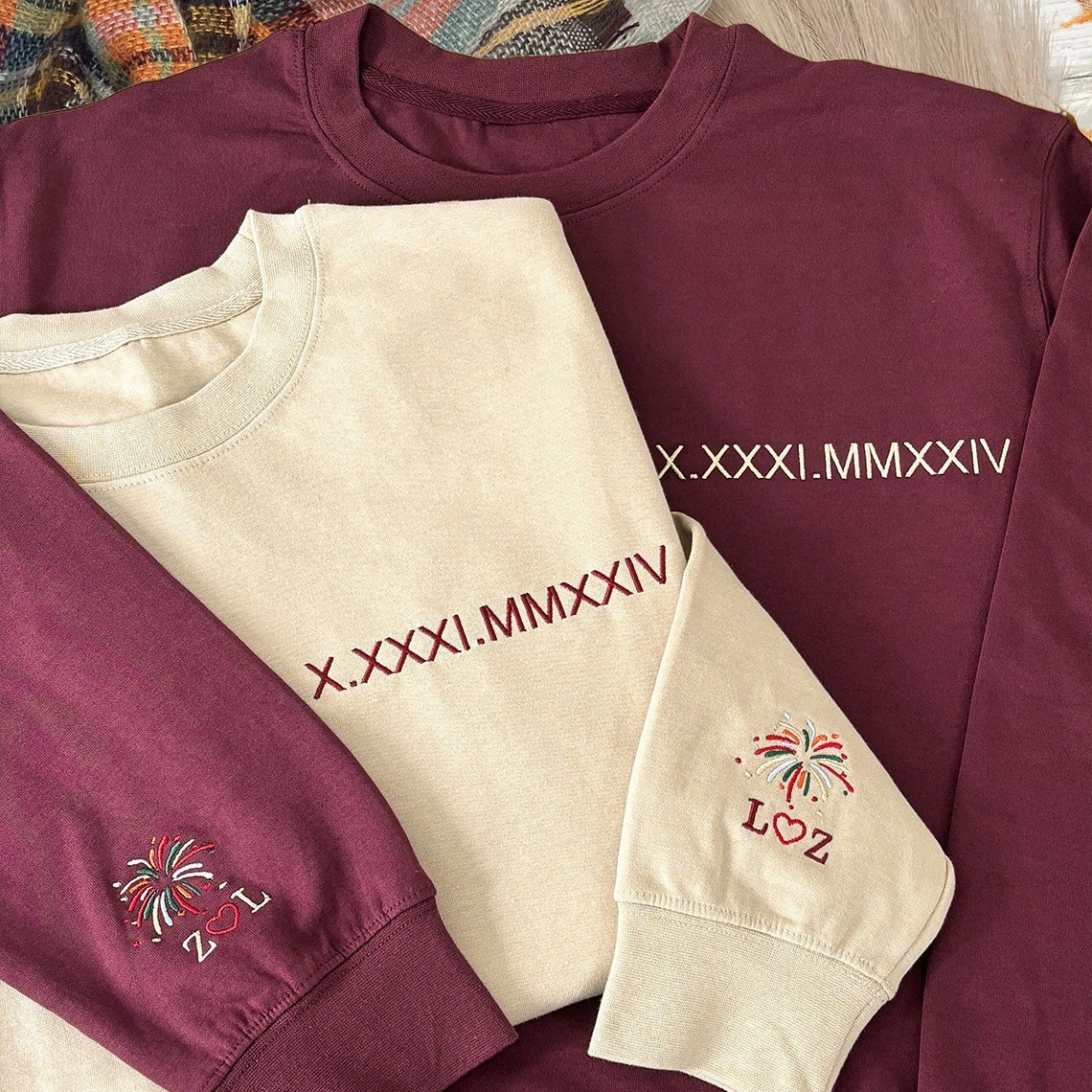 Personalised Roman Numeral Embroidered Sweatshirt with Initial on Sleeve Anniversary Gifts Valentine's Day Gift for Couples