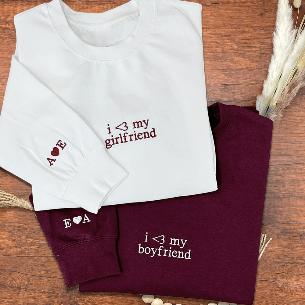 Custom Embroidered I Love My Girlfriend Boyfriend Couple Matching Sweatshirt with Initials on Sleeve Valentine's Day Gifts