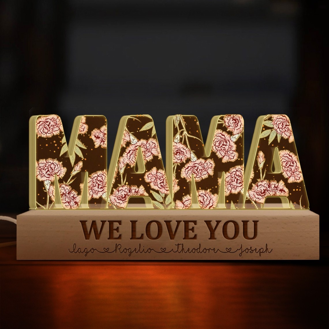 Personalised Birth Month Flower Night Light with Kids Names Family Keepsake Gifts Mother's Day Gifts for Grandma Mum