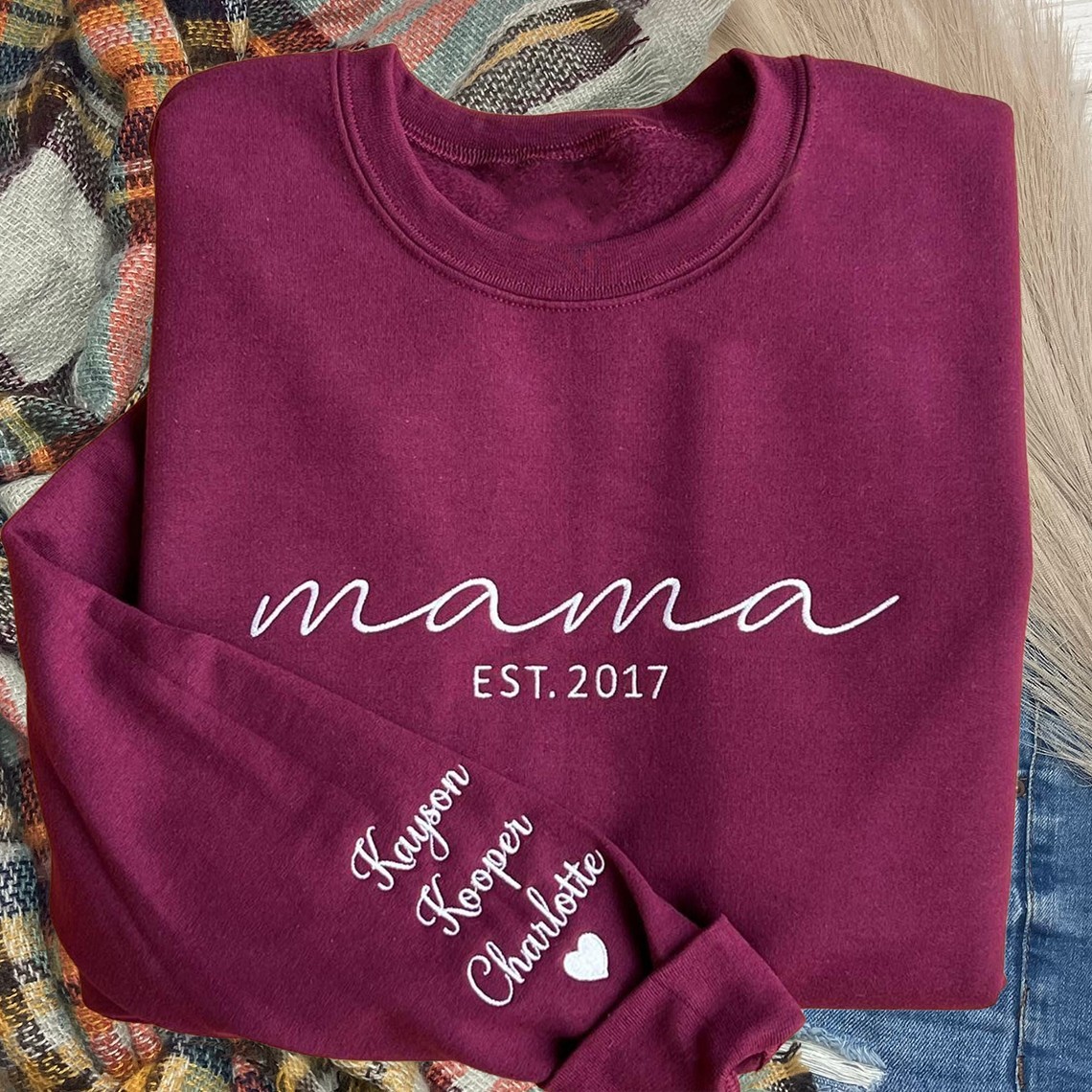 Custom Mama Embroidered Sweatshirt with Kids Names on Sleeve Unique Birthday Clothing Gifts for Grandma Mum Mother's Day Gift Ideas