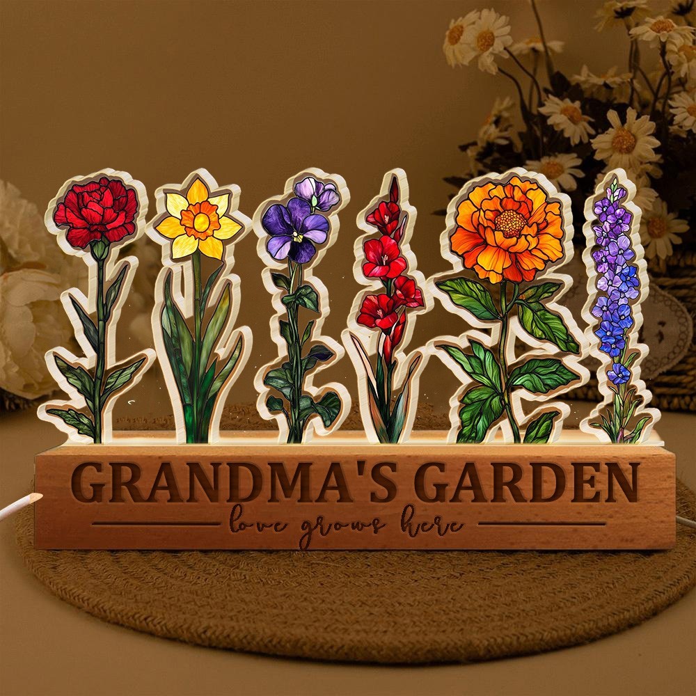 Personalised Grandma's Garden Birth Flower Night Light with Grandkids Names Unique Gifts for Grandma Mum Mother's Day Gift