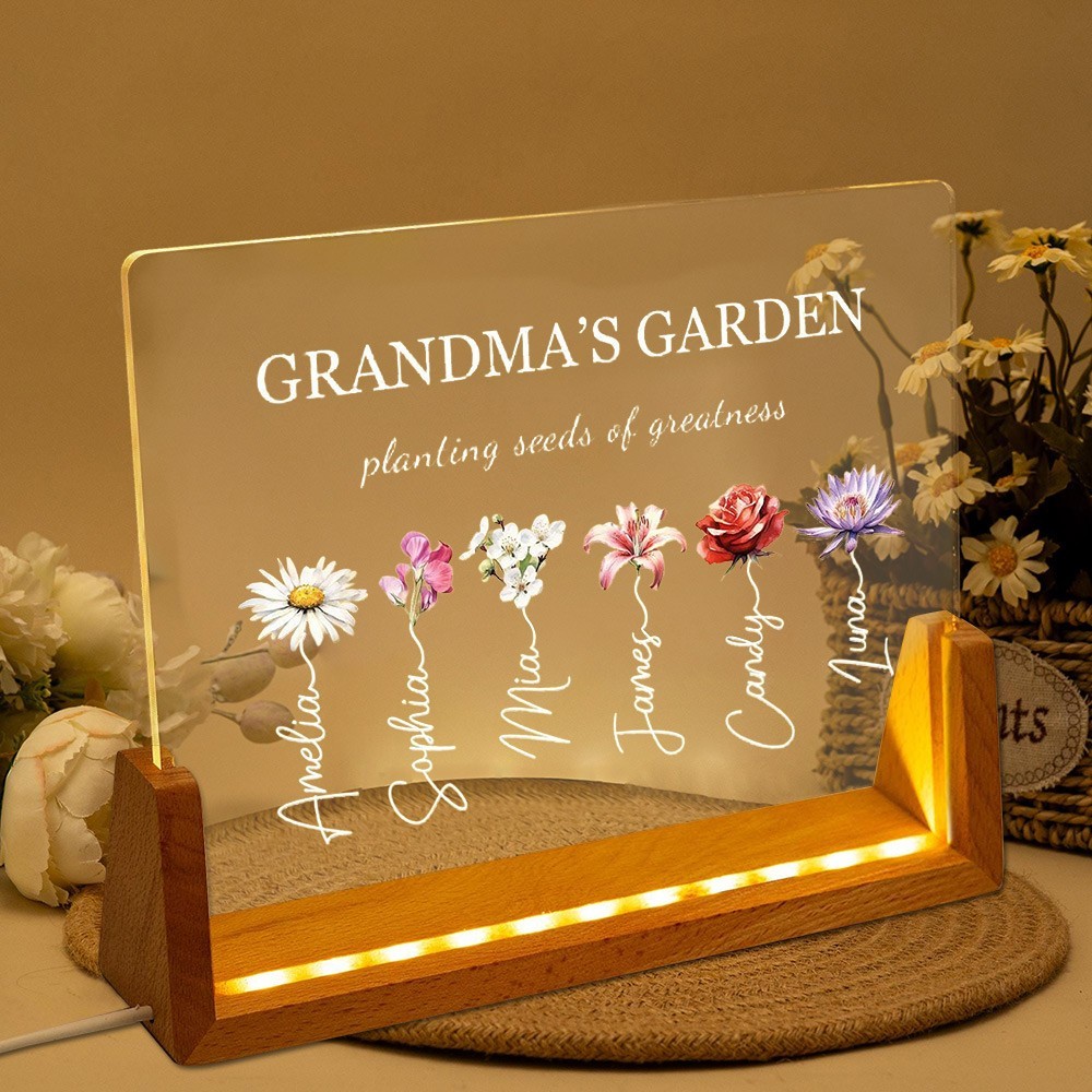 Custom Grandma's Garden Birth Month Flower Night Light with Kids Names Gift for Grandma Mum Mother's Day Gift Ideas