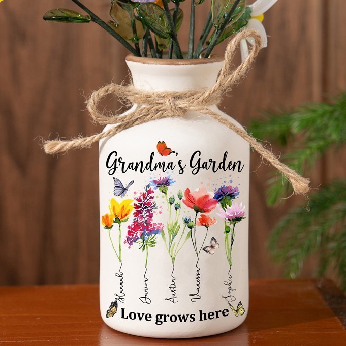 Custom Grandma's Garden Birth Month Flower Vase with Grandkids Names Gift for Mother's Day Unique Gifts for Grandma Mum