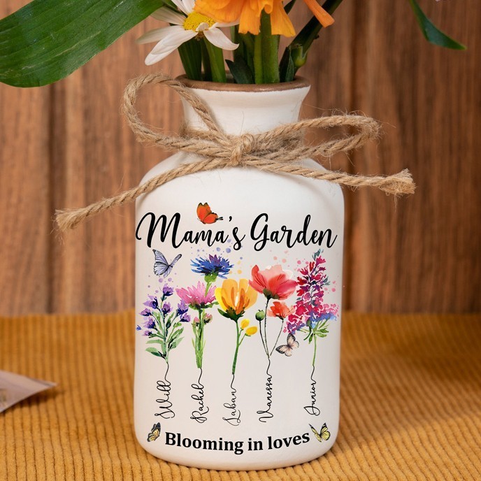 Personalised Mama's Garden Birth Month Flower Vase with Kids Names Gift for Mother's Day Unique Gifts for Grandma Mum