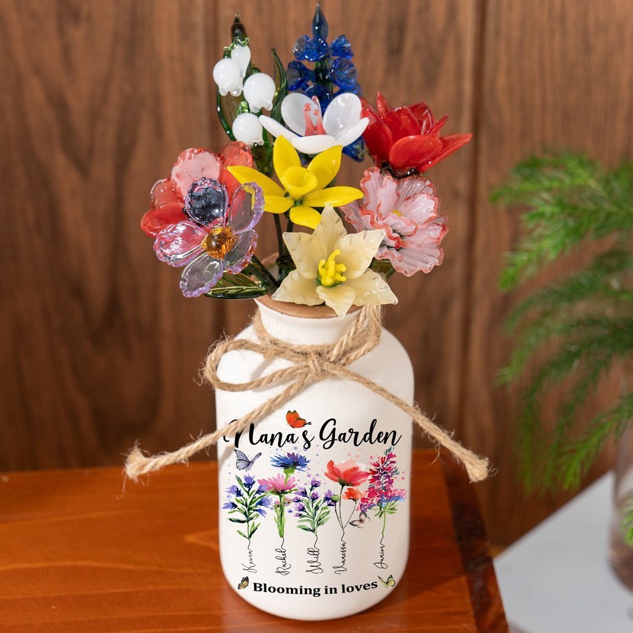 Nana's Garden Birth Month Flower Vase with Kids Names Custom Gifts for Grandma Mum Mother's Day Gift Ideas