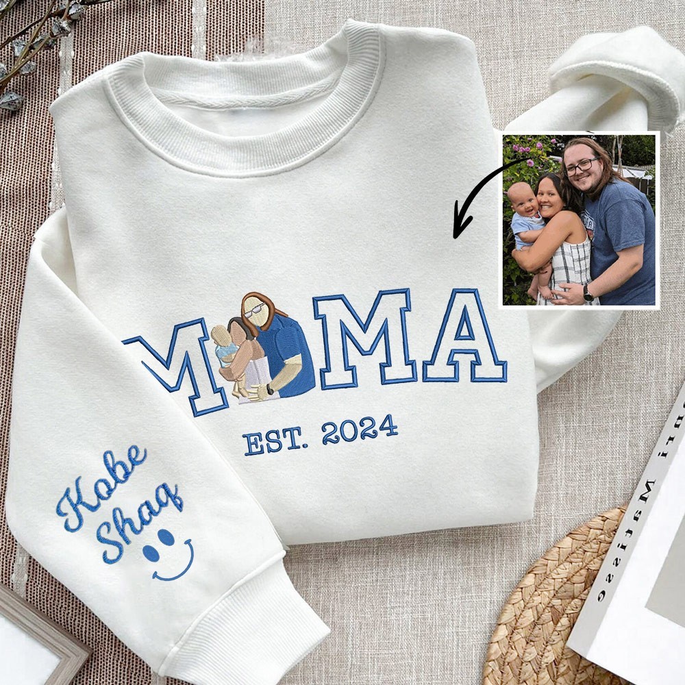 Mama Embroidered Photo Portrait Sweatshirt with Kids Names on Sleeve Custom Gifts for Mum Mother's Day Gift Ideas