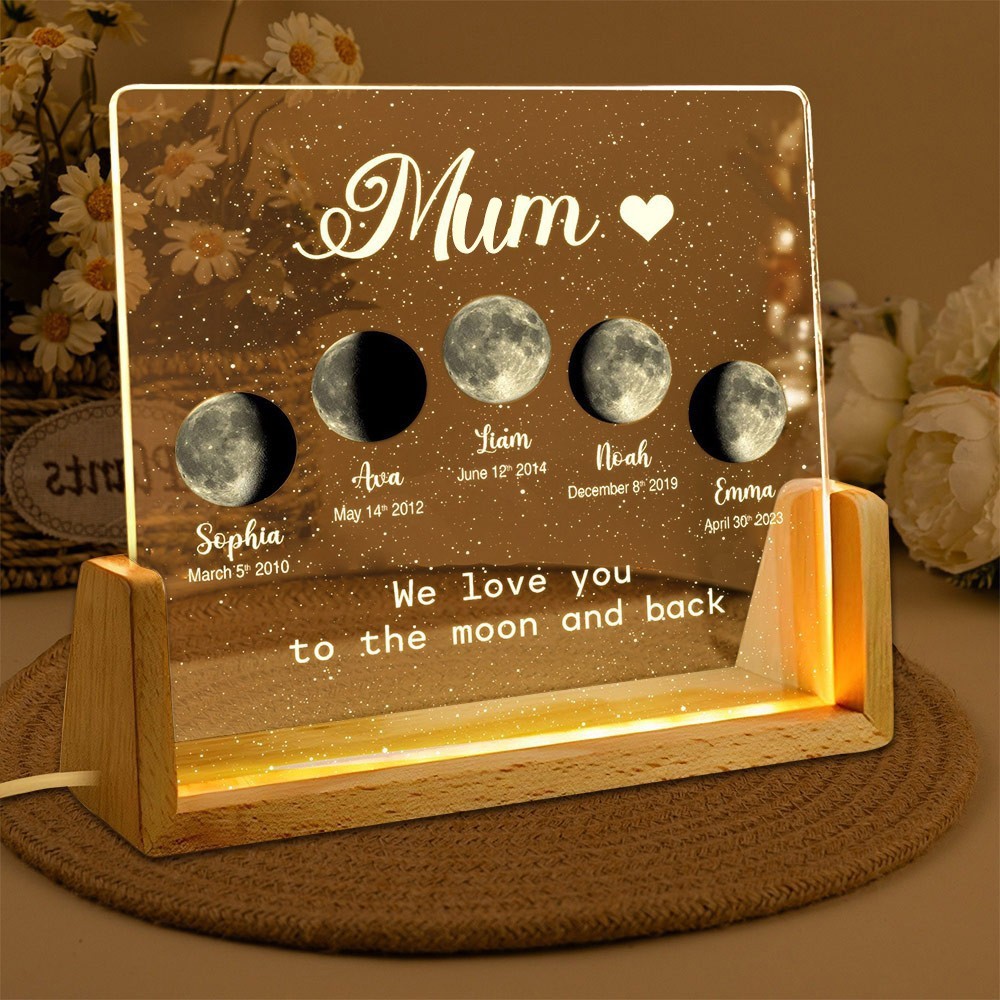We Love You To The Moon And Back Personalised Moon Phase Night Light with Kids Names Unique Gifts for Mum Mother's Day Gift