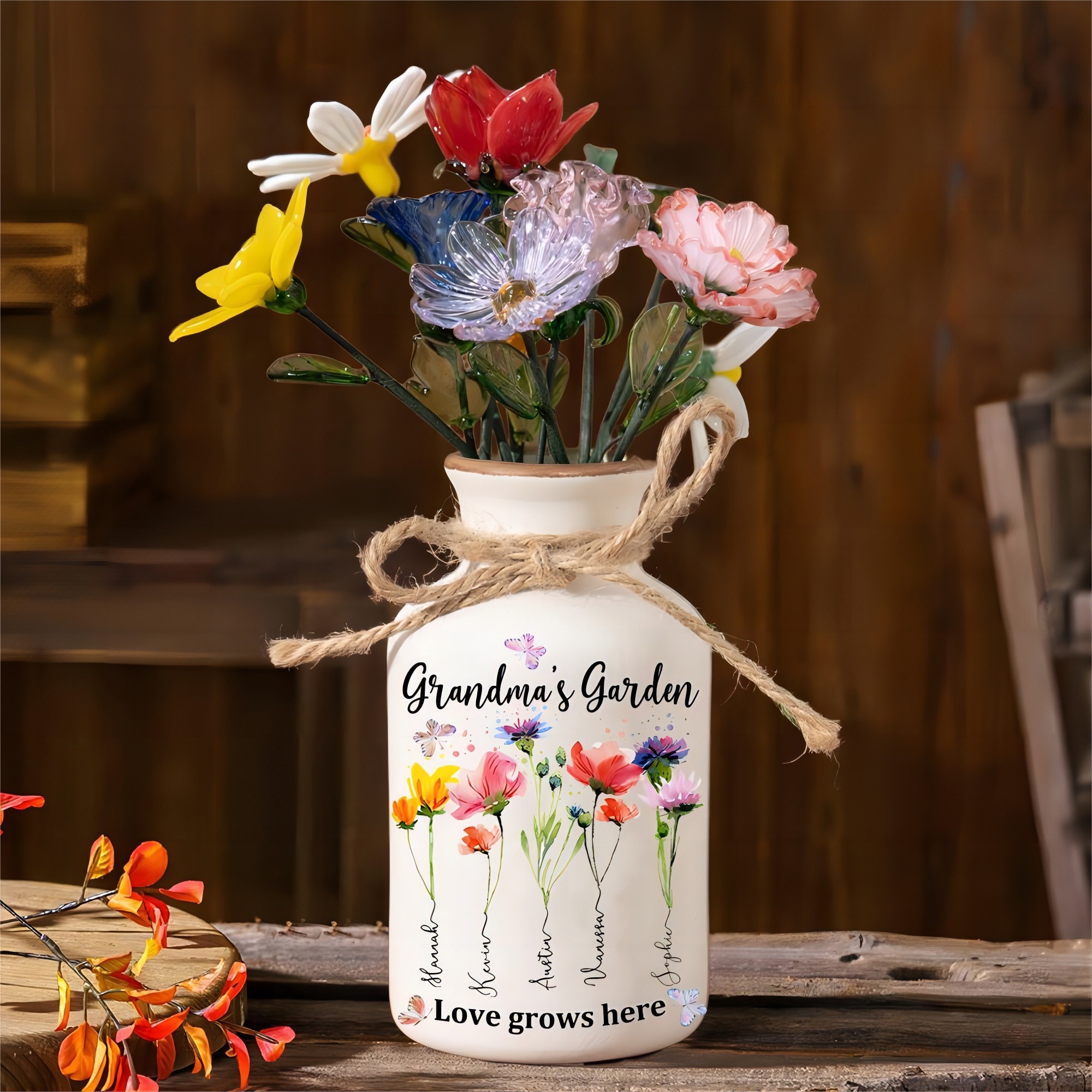 Personalised Grandma's Garden Birth Month Flower Vase with Grandkids Names Gifts for Grandma Mum Mother's Day Gift Ideas